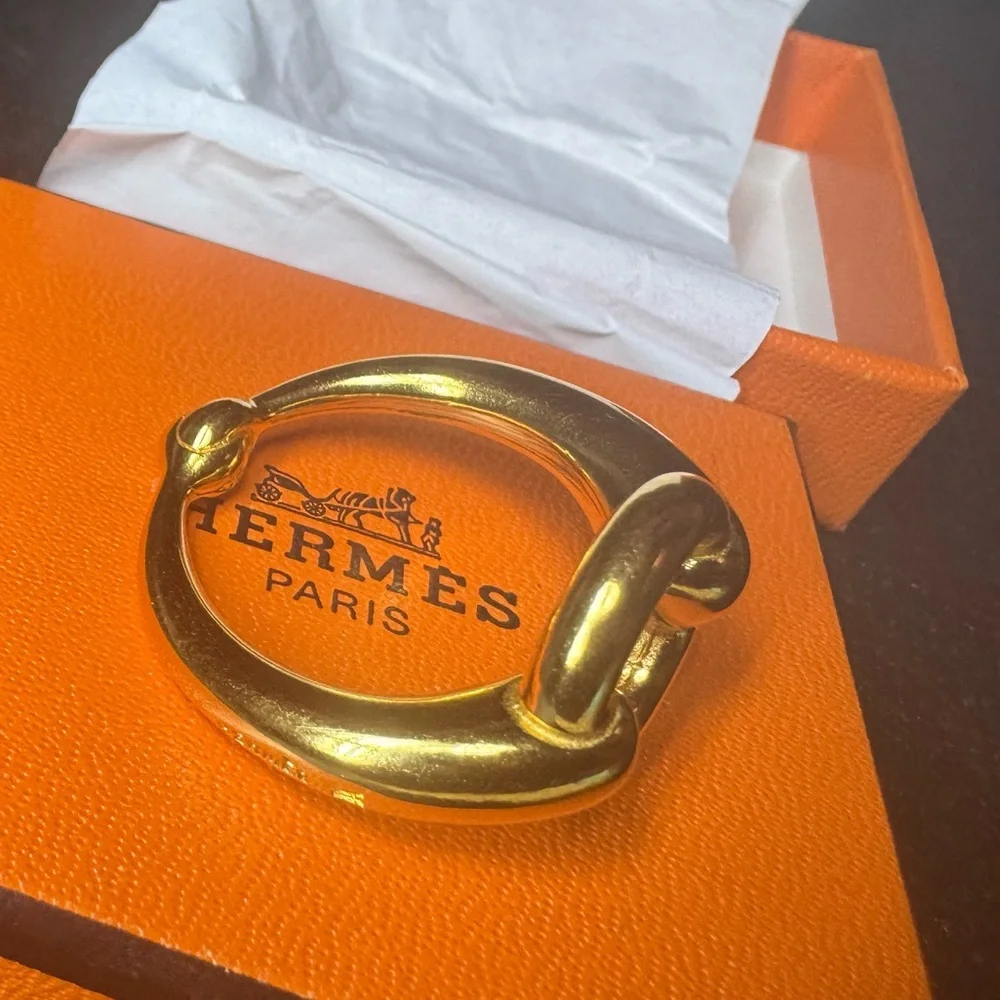 Hermès Horsebit Filet d’Or Scarf Ring Gold Plated 05 Rare Slide W Box Authentic - Picture 5 of 11